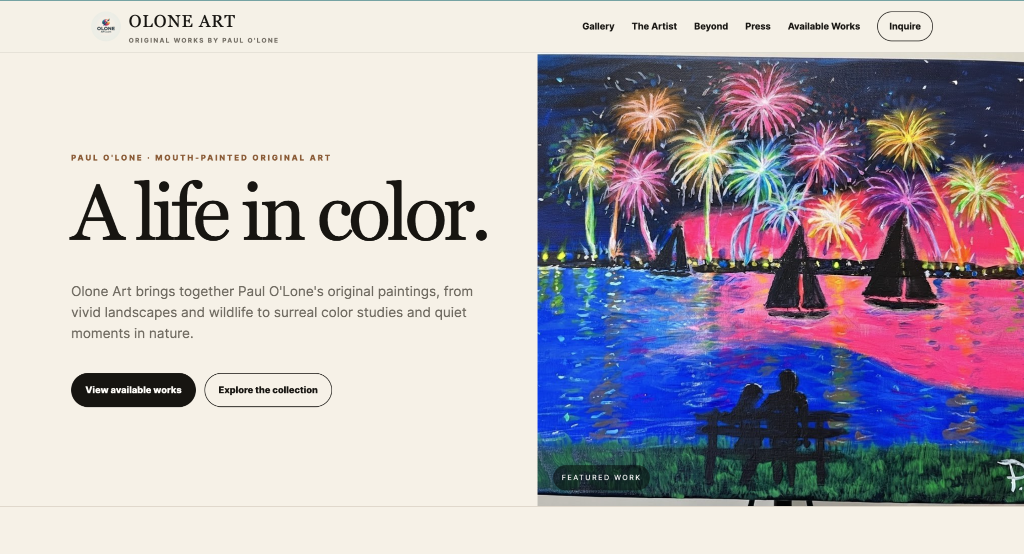 Olone Art website homepage designed by Stone & Sabre