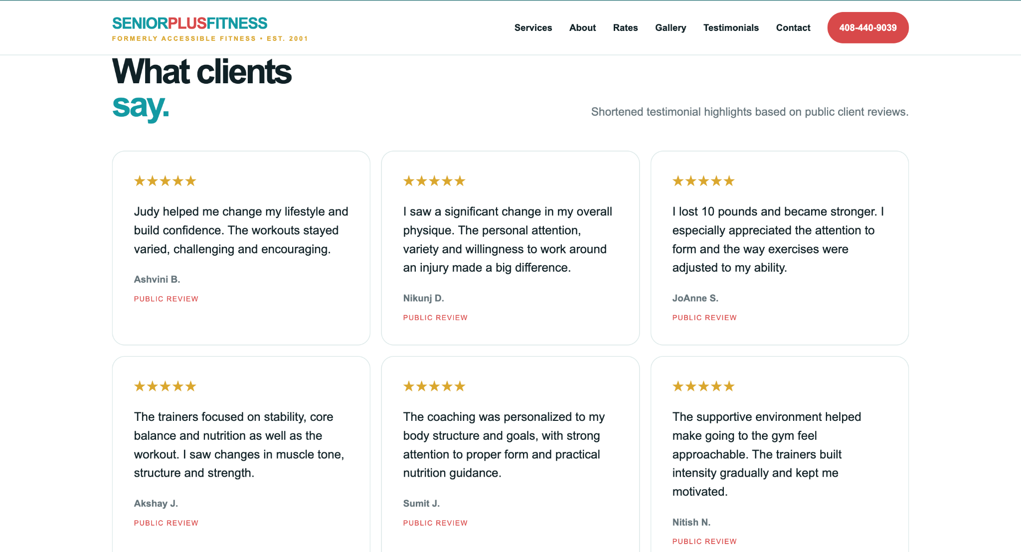 SeniorPlusFitness testimonials design