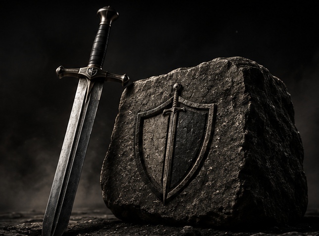 Sword beside a carved stone with the Stone and Sabre shield mark